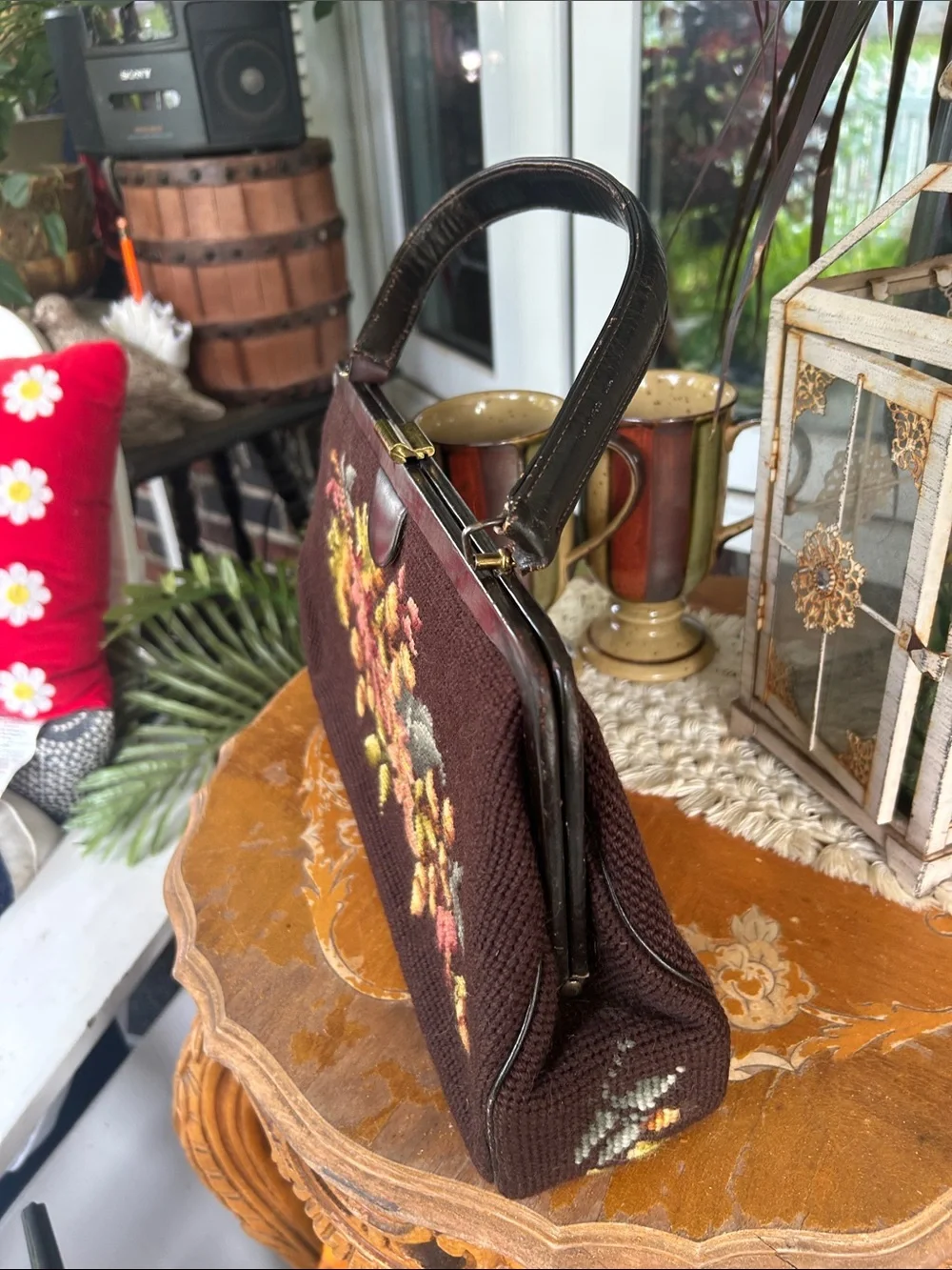 Vintage Brown Floral Leaf & Acorn Needlepoint Handbag